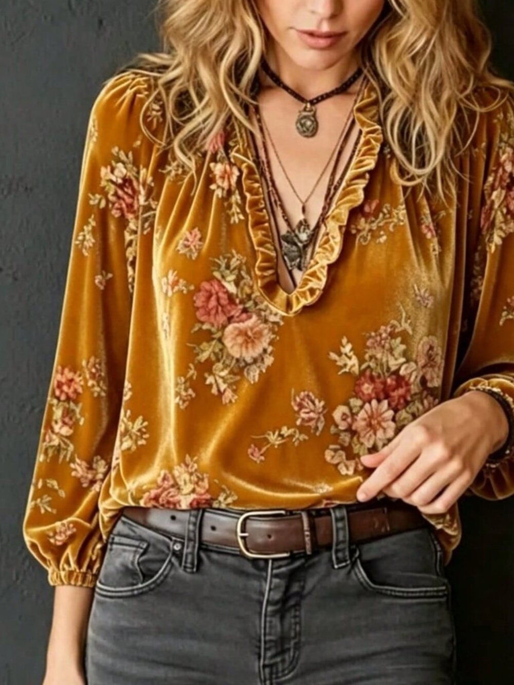 Yellow Boho Women's Floral Print Deep V-Neck Regular Fit Long Sleeve Blouse
